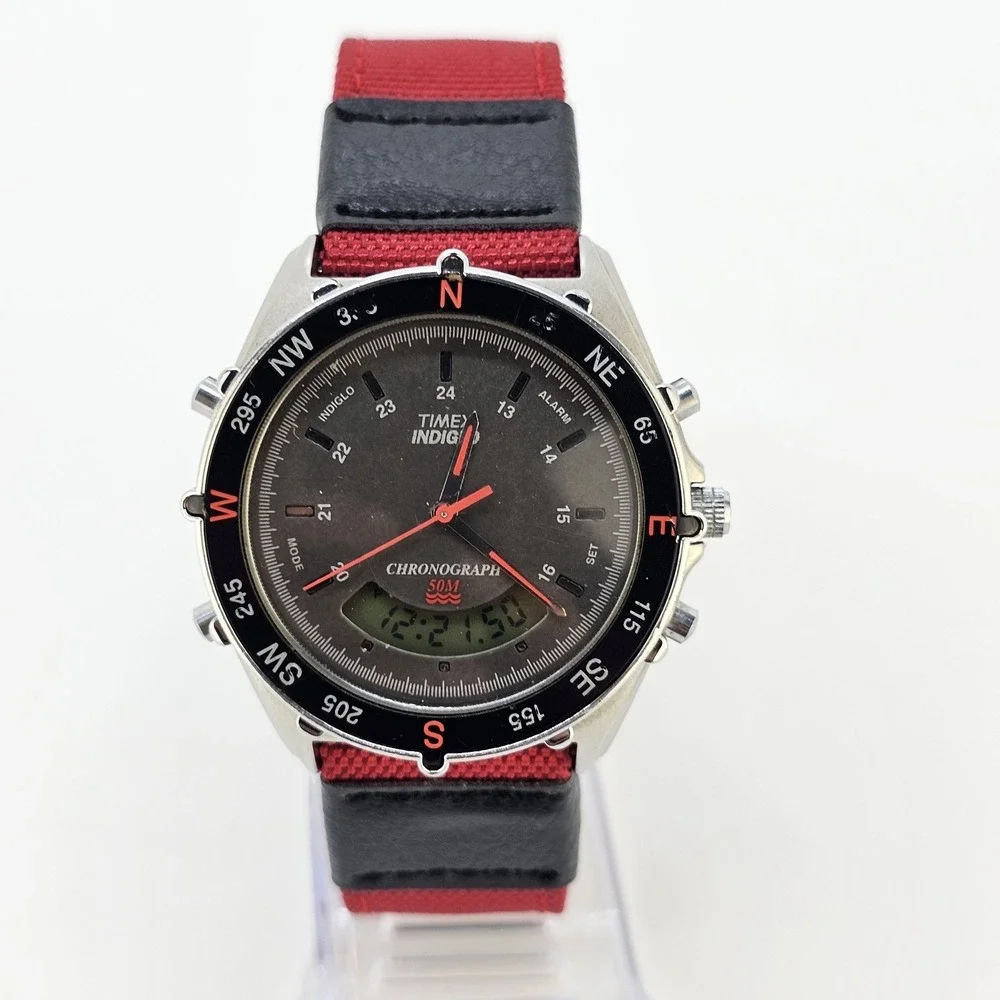 VTG Timex Analog Digital Men's Watch 40MM Brown Dial New Red Bands New Battery